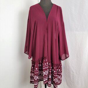 Entro Women's Long Overshirt Open Front Shirt Top Maroon White NEW Size LARGE